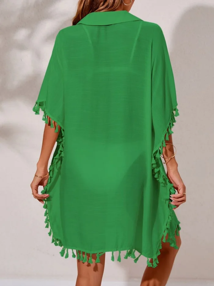 Tassel Trim Batwing Sleeve Button Front Kimono - Image 2