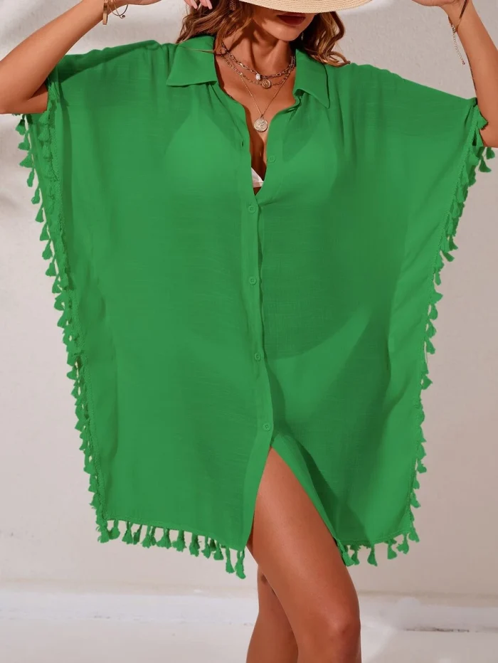 Tassel Trim Batwing Sleeve Button Front Kimono - Image 3