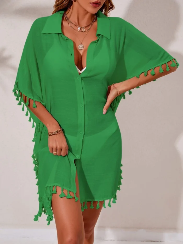 Tassel Trim Batwing Sleeve Button Front Kimono - Image 4