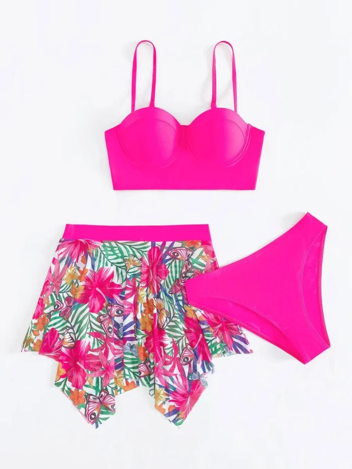 Tropical Print Bikini Set Push Up Bra Top & Bikini Bottom & Beach Skirt 3 Piece Swimsuit - Image 4