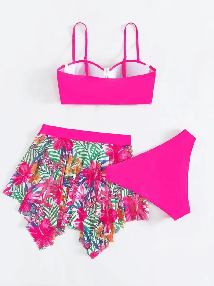 Tropical Print Bikini Set Push Up Bra Top & Bikini Bottom & Beach Skirt 3 Piece Swimsuit - Image 5