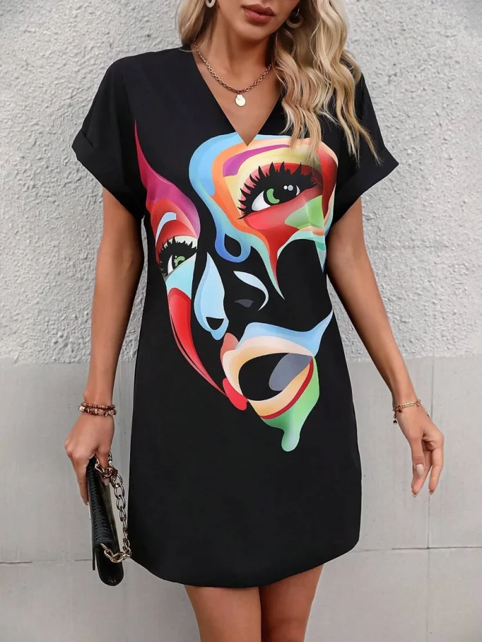 Figure Graphic Batwing Sleeve Tunic Dress