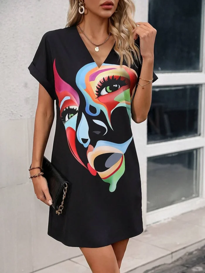 Figure Graphic Batwing Sleeve Tunic Dress - Image 3