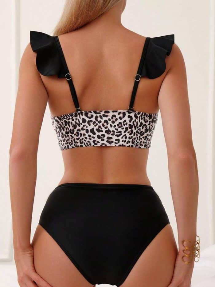 Leopard Print Ruffle Trim Push Up Bikini Swimsuit - Image 2