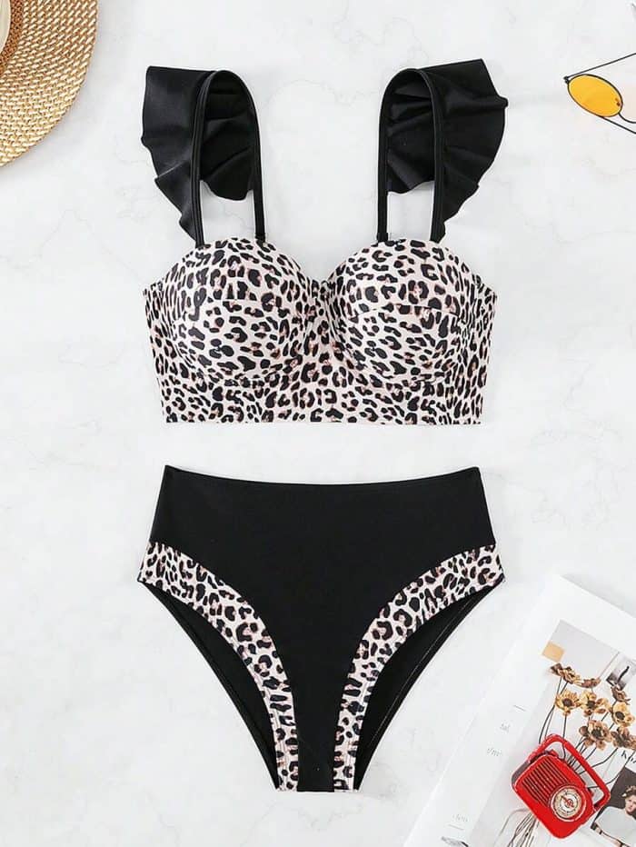 Leopard Print Ruffle Trim Push Up Bikini Swimsuit - Image 3