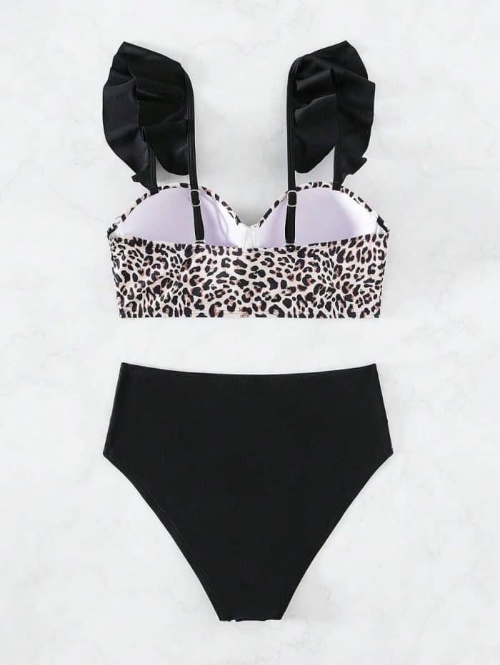 Leopard Print Ruffle Trim Push Up Bikini Swimsuit - Image 4