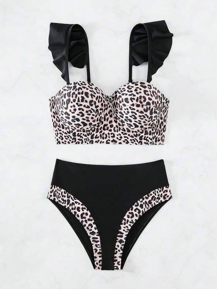 Leopard Print Ruffle Trim Push Up Bikini Swimsuit - Image 5
