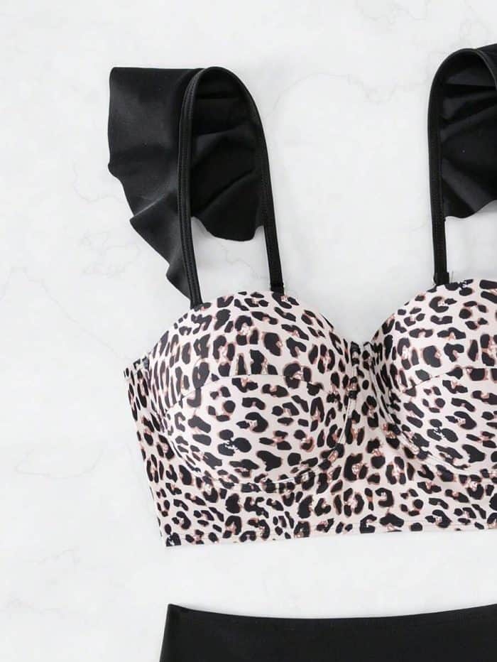 Leopard Print Ruffle Trim Push Up Bikini Swimsuit - Image 6