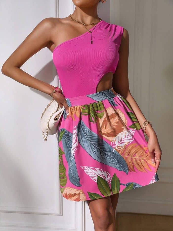 SHEIN SXY Tropical Print One Shoulder Cut Out Waist Dress - Image 5