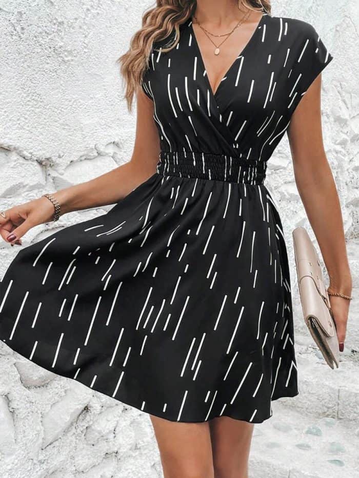 Striped Print Surplice Neck Dress - Image 3