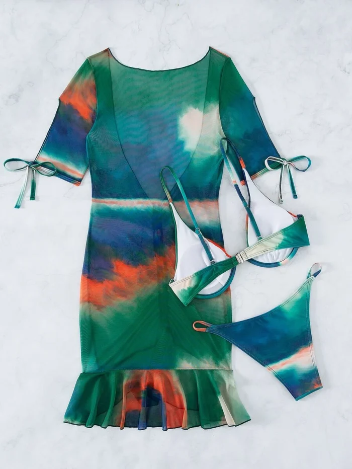 Tie Dye Drawstring Bikini Swimsuit With Cover Up - Image 2