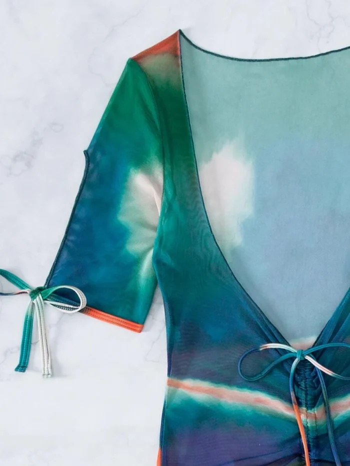 Tie Dye Drawstring Bikini Swimsuit With Cover Up - Image 4