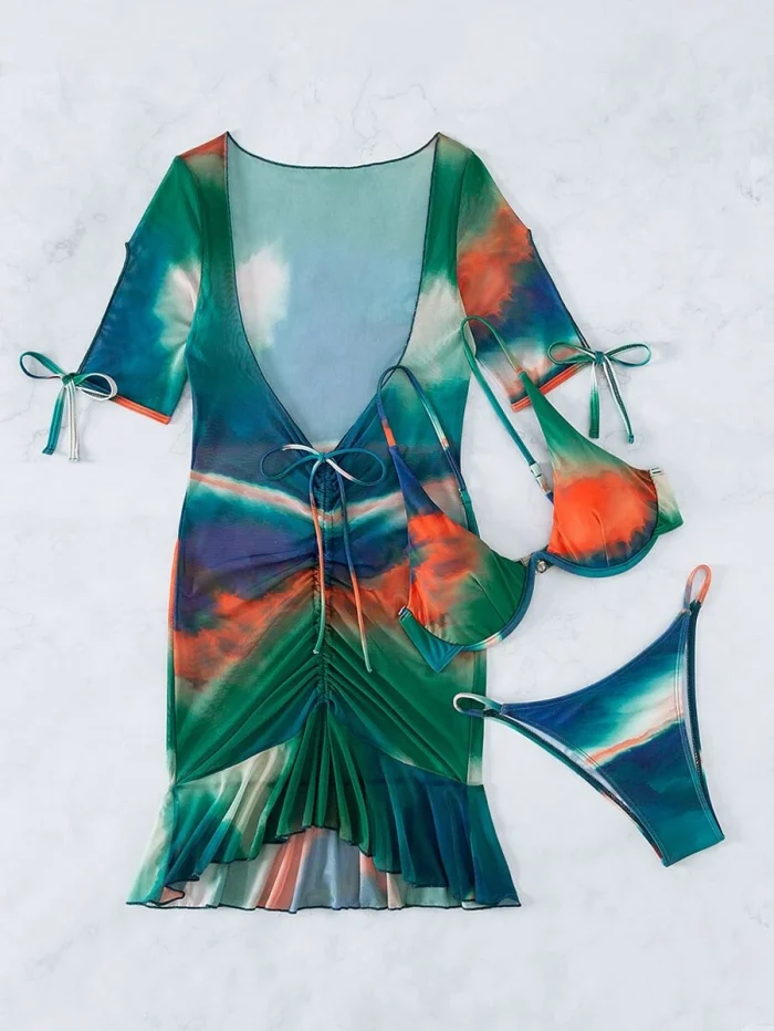 Tie Dye Drawstring Bikini Swimsuit With Cover Up - Image 5