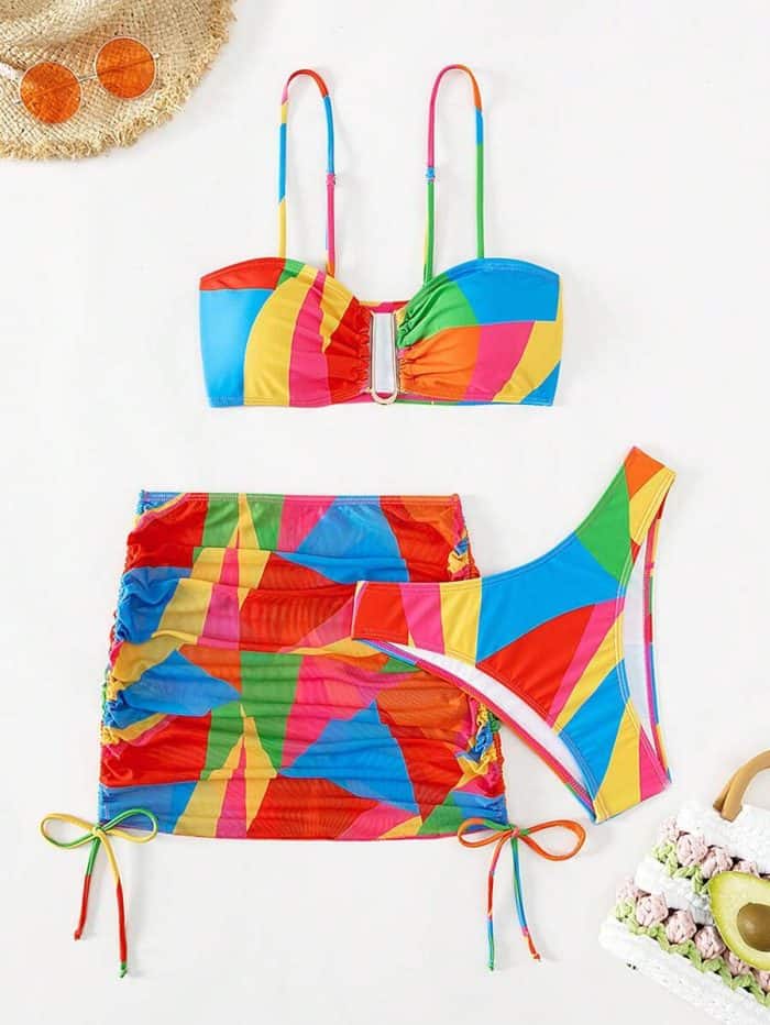 Allover Print Bikini Swimsuit With Beach Skirt - Image 3