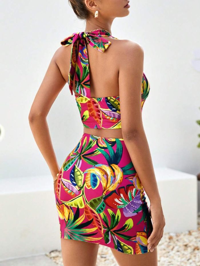 SHEIN Tropical Print Tie Backless Halter Top & Bodycon Skirt - Image 2