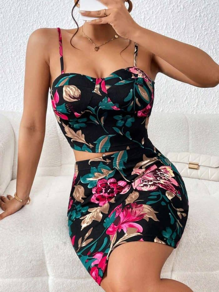 SHEIN Unity Floral Print Cami Top & Bodycon Skirt