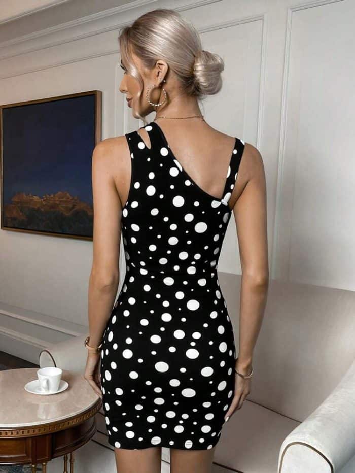SHEIN Unity Polka Dot Print Asymmetrical Neck Bodycon Dress - Image 2