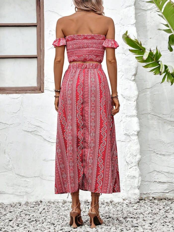 SHEIN VCAY Paisley Print Off Shoulder Crop Top & Split Thigh Skirt - Image 2