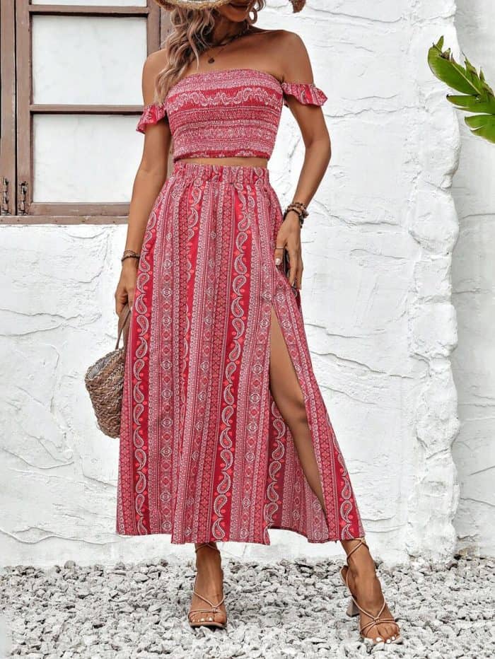 SHEIN VCAY Paisley Print Off Shoulder Crop Top & Split Thigh Skirt - Image 3