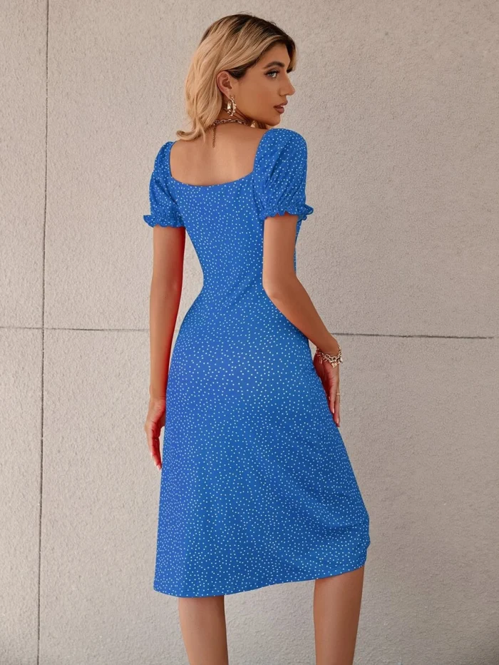 SHEIN VCAY Polka Dot Puff Sleeve Tie Front Ruched Bust Slit Hem Dress - Image 2