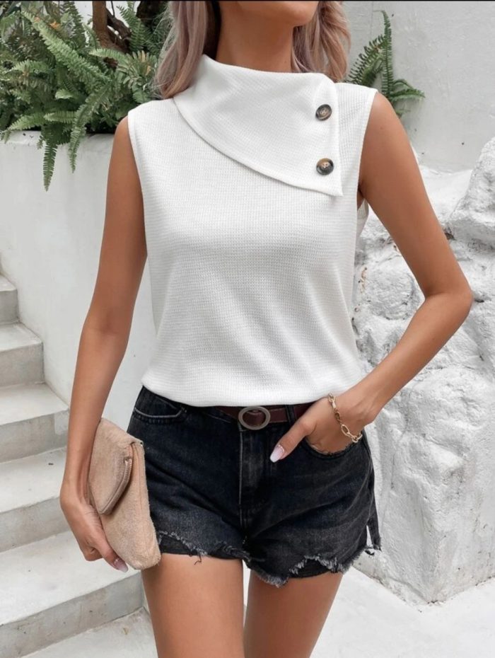 SHEIN Privé Mock Neck Button Detail Tank Top - Image 4