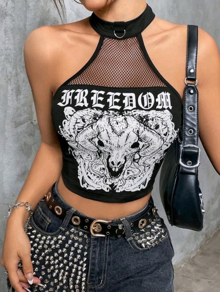 Letter & Animal Print Contrast Fishnet Halter Top