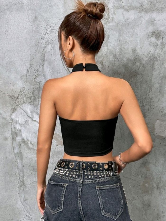 Letter & Animal Print Contrast Fishnet Halter Top - Image 2