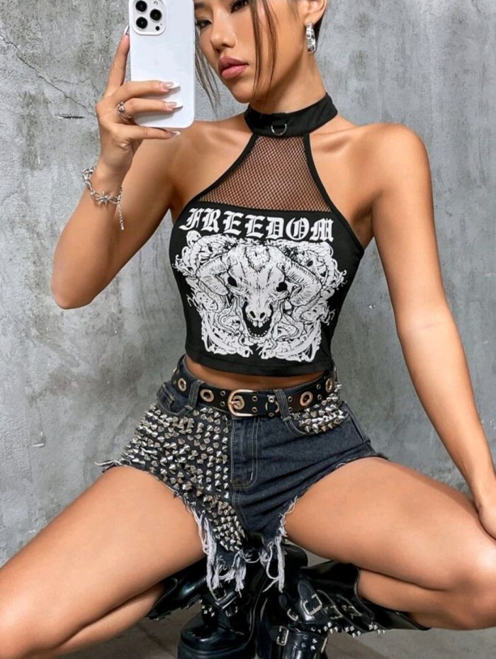 Letter & Animal Print Contrast Fishnet Halter Top - Image 3