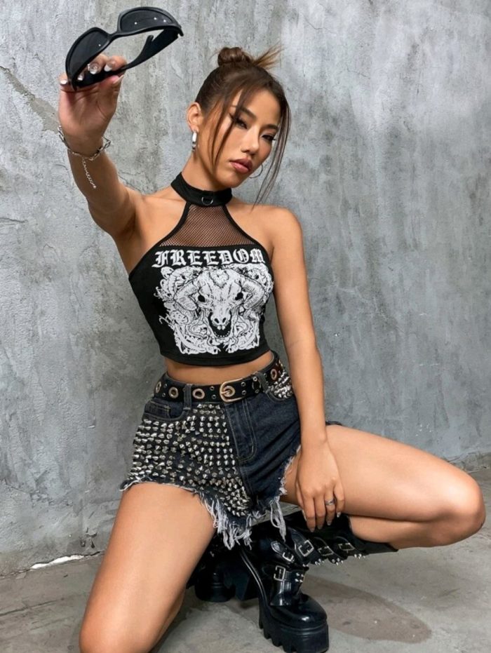 Letter & Animal Print Contrast Fishnet Halter Top - Image 6