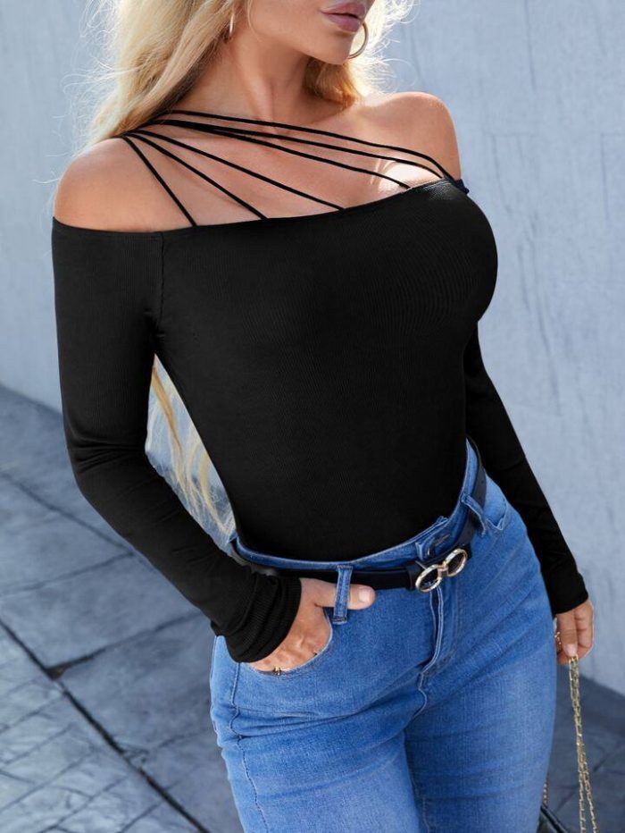 SHEIN Privé Strappy Detail Asymmetrical Neck Tee