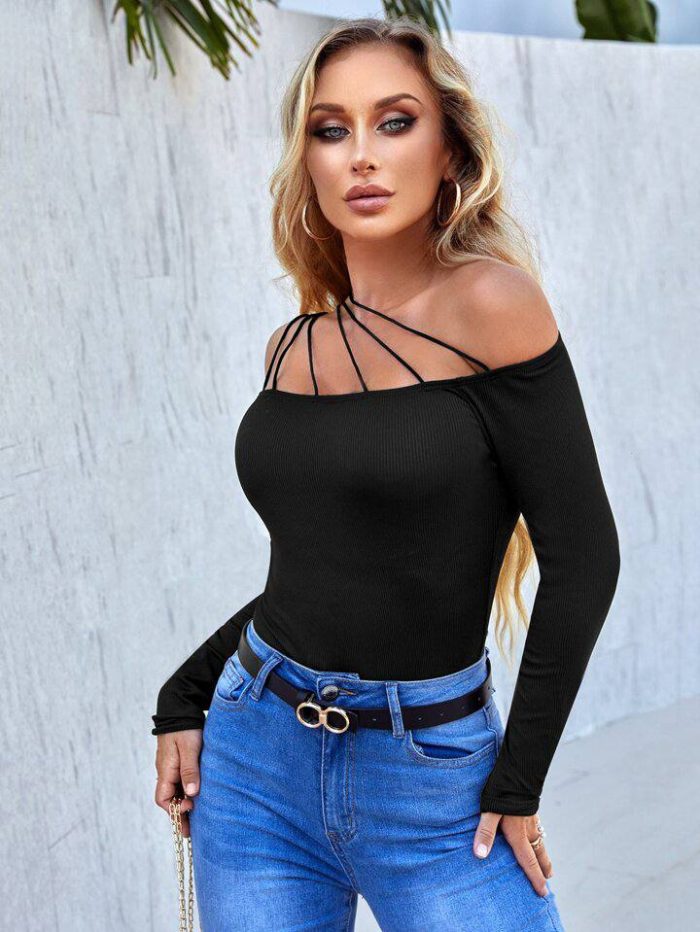 SHEIN Privé Strappy Detail Asymmetrical Neck Tee - Image 3