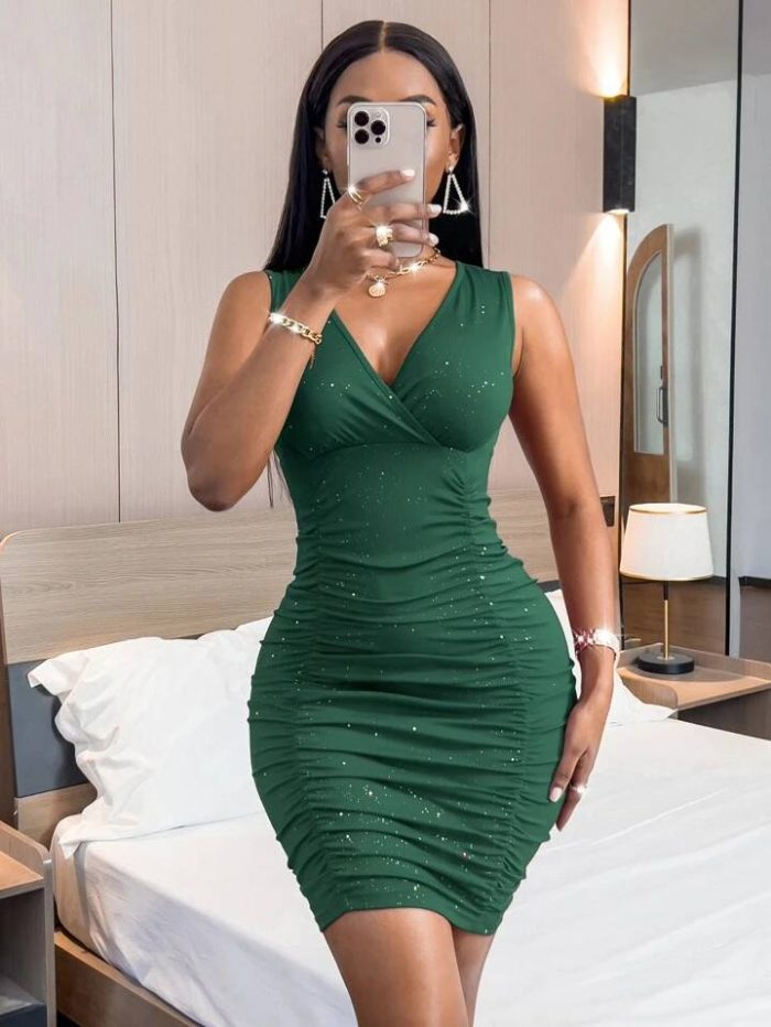 SHEIN SXY Rhinestone Ruched Bodycon Dress