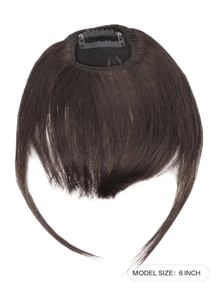 synthetic wig bangs hair clip French Bangs Thick Bangs Extensions Neat with Temples Clip on Air Bangs Hairpieces (French Bangs, (Brown-black)) - Image 3