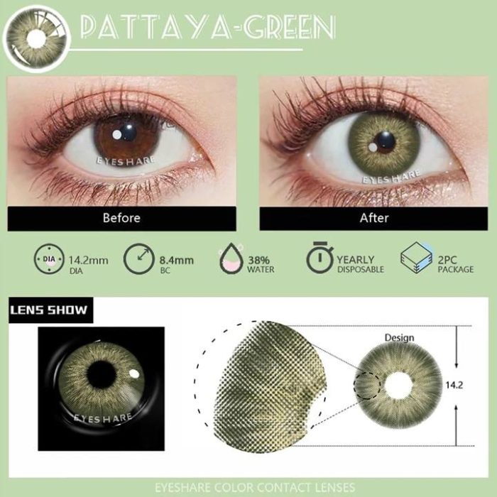 1 Pair Green Colored Contact Lenses Eye Makeup 14.2mm Yearly Use - Image 6