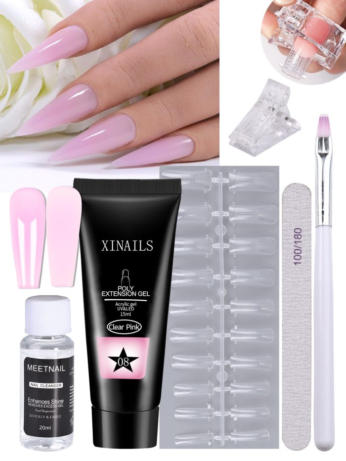 25pcs Extension Poly Nail Gel Kit 15ml Clear Pink Prolong Acrylic Nail Gel With Nail File Cleanser Extension Mold Clip Brush Manicure Tools Kit
