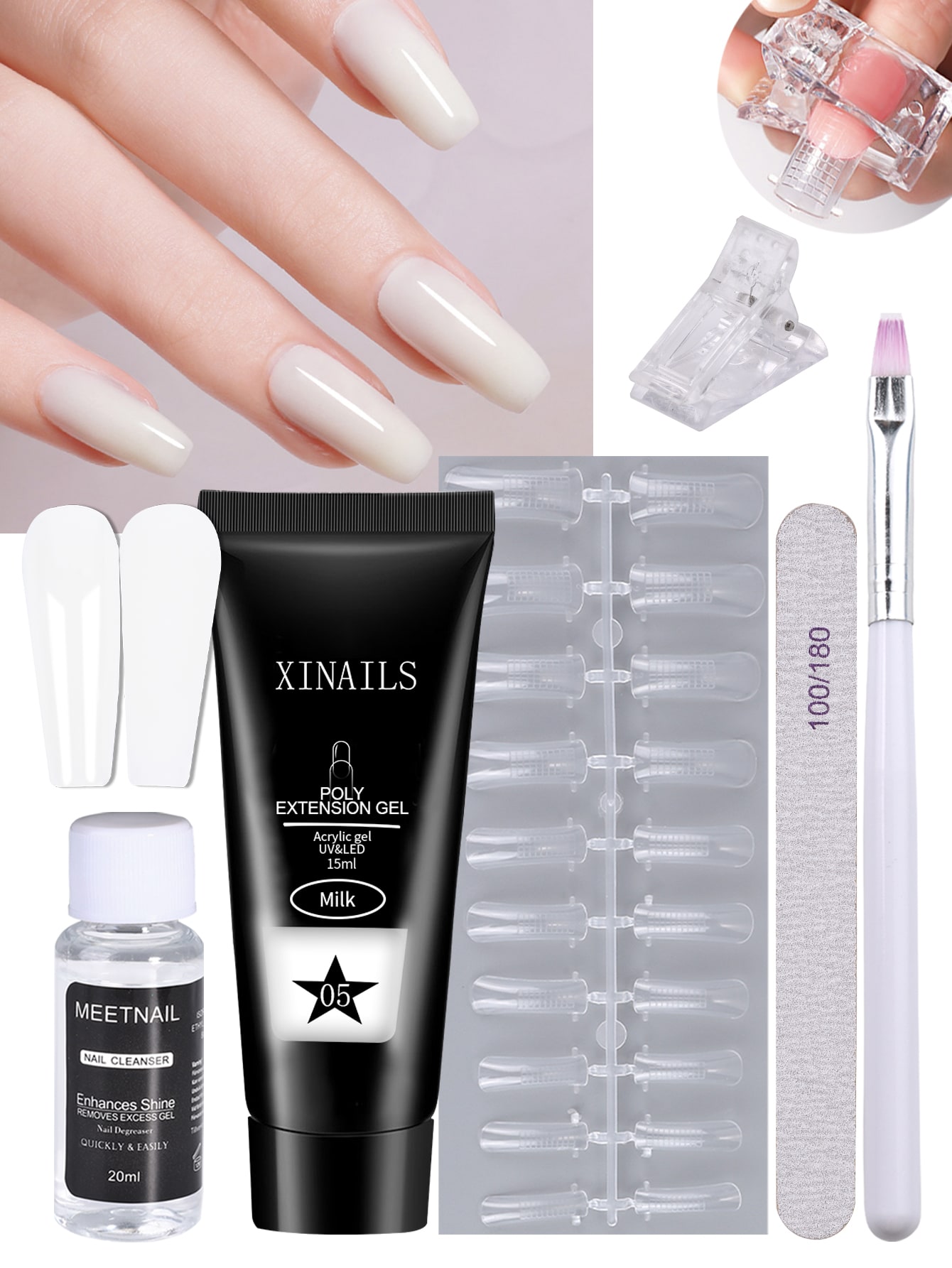 25pcs Milk Color Extension Nail Gel Kit 15ml Poly Prolong Gel Nail Acrylic Strengthen Gel With Nail File Extension Mold Clip Brush Cleanser Manicure Tools