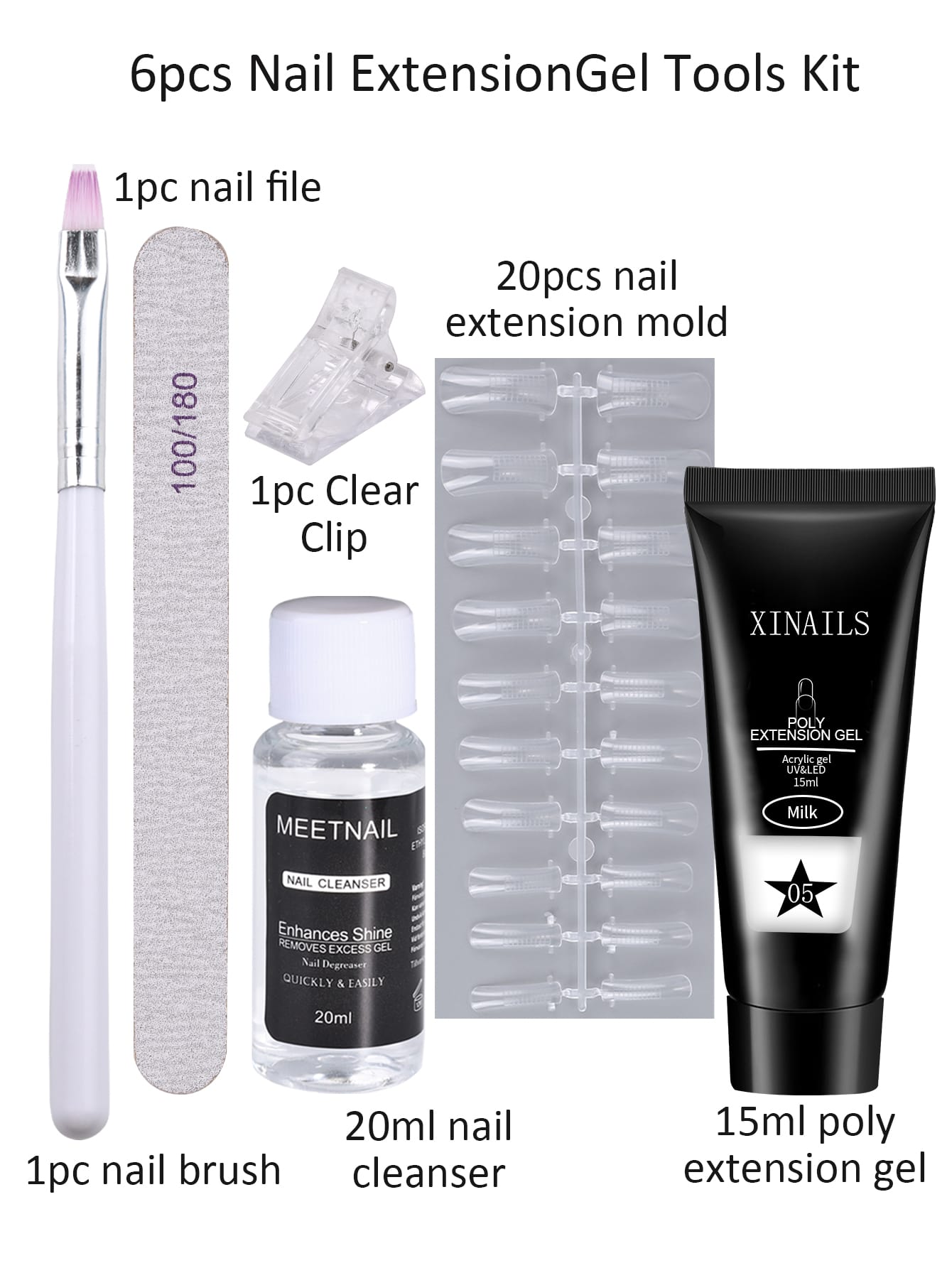 25pcs Milk Color Extension Nail Gel Kit 15ml Poly Prolong Gel Nail Acrylic Strengthen Gel With Nail File Extension Mold Clip Brush Cleanser Manicure Tools - Image 5