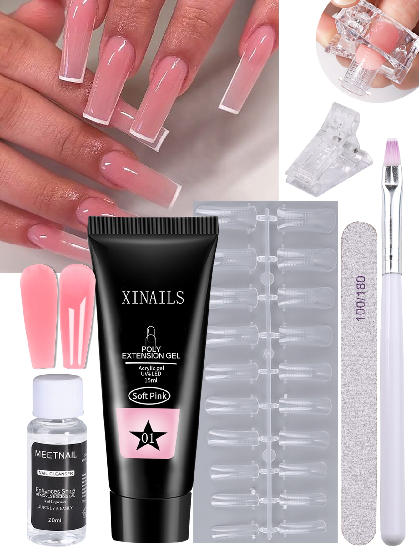 25pcs Poly Extension Nail Gel Kit 15ml Soft Pink Acrylic Gel UV Prolong Building Gel with Nail File Clip Extension Mold Brush Cleanser Manicure Tool Set