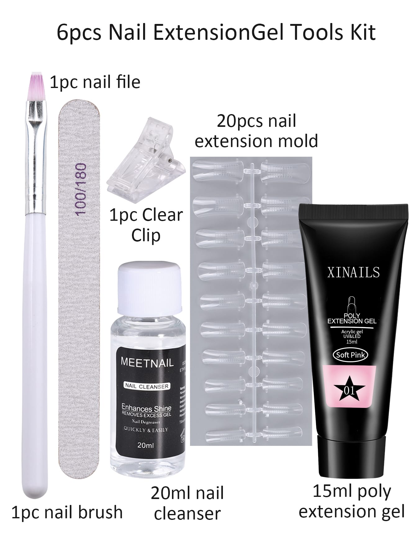 25pcs Poly Extension Nail Gel Kit 15ml Soft Pink Acrylic Gel UV Prolong Building Gel with Nail File Clip Extension Mold Brush Cleanser Manicure Tool Set - Image 5
