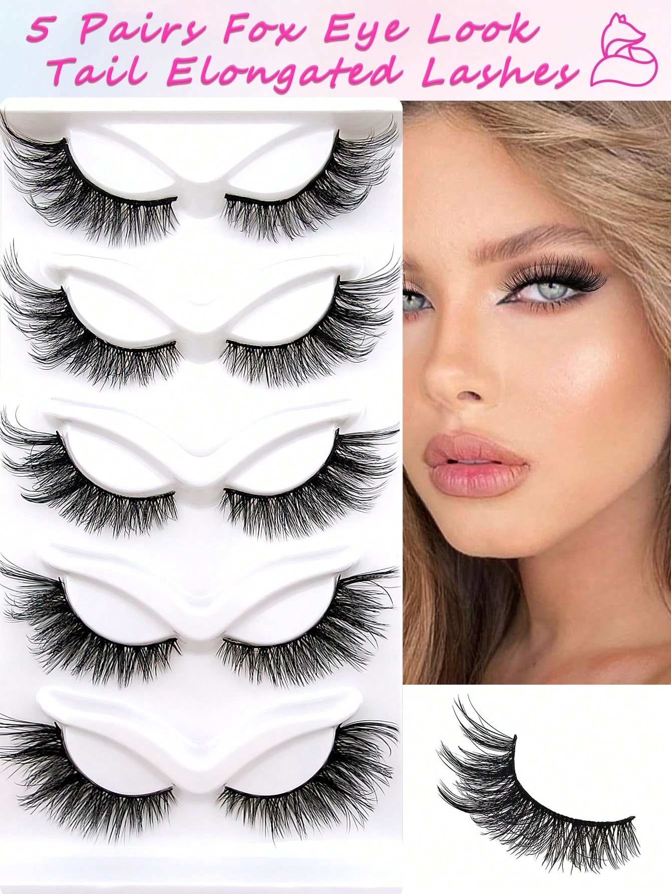 5 Pairs Full False Lashes 20mm Fox Eye Faux Mink Cat Eye Look Angle Wing Tail Elongated Strip Lashes
