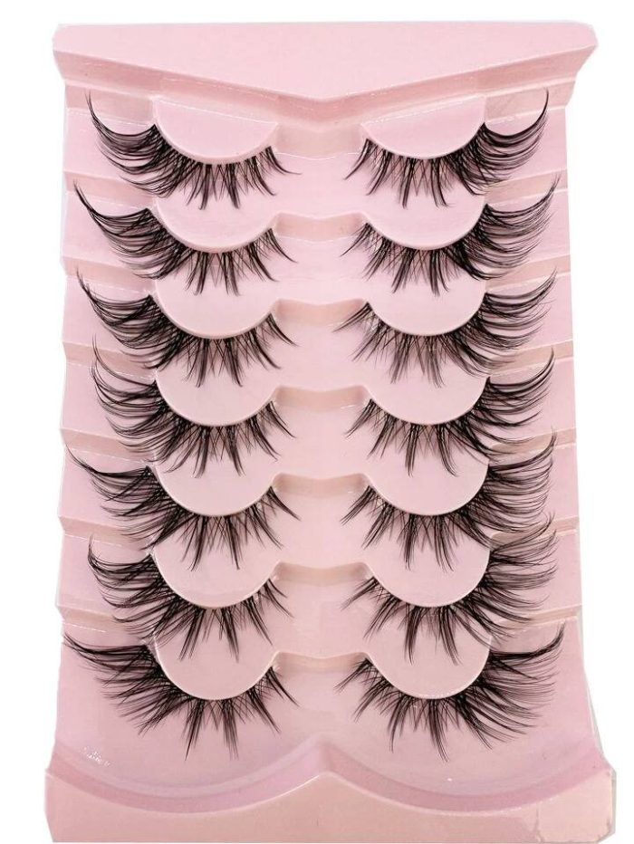 7pairs Pink Fluffy Cat Eye Style Natural Long Full Stripe False Eyelash Wing Tip Soft Lashes