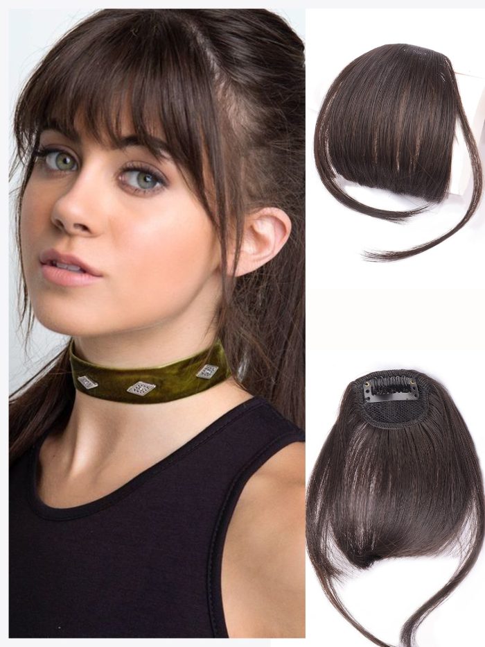 Brown Black Bangs Hair Clip in Human Wispy Fringe with Temples Hairpieces for Women on Air Flat Neat Extension Daily Wear Linen Brown