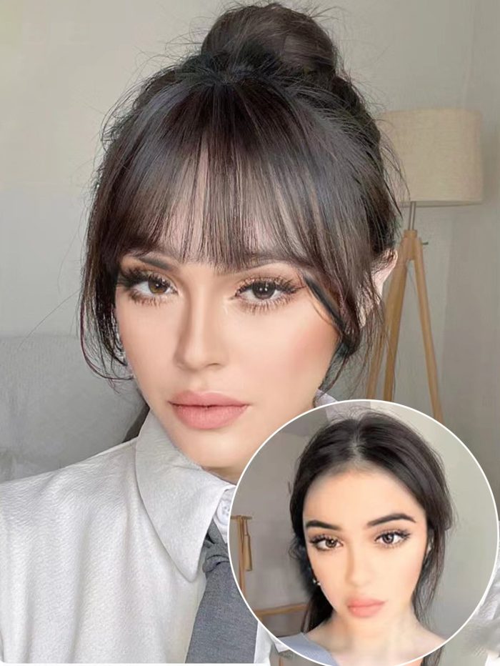 Brown Black Bangs Hair Clip in Human Wispy Fringe with Temples Hairpieces for Women on Air Flat Neat Extension Daily Wear Linen Brown - Image 2