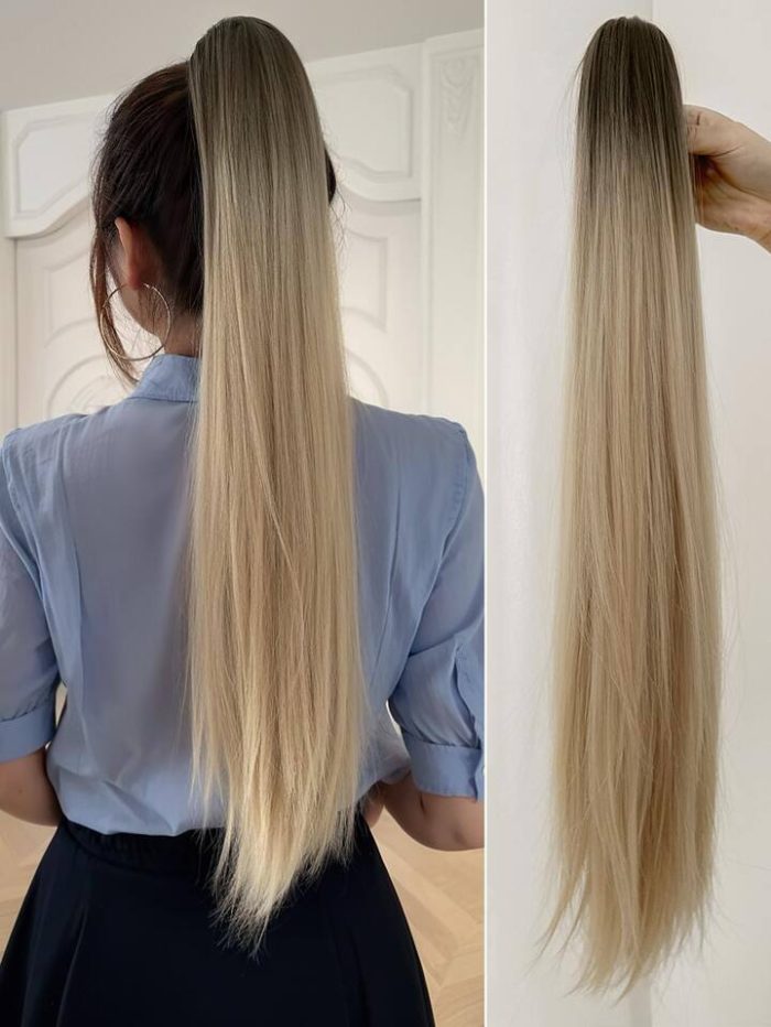 Claw Ponytail Extension Brown and gold color Long Straight Hair 26inch Heat Resistant Fiber Synthetic Hairpiece