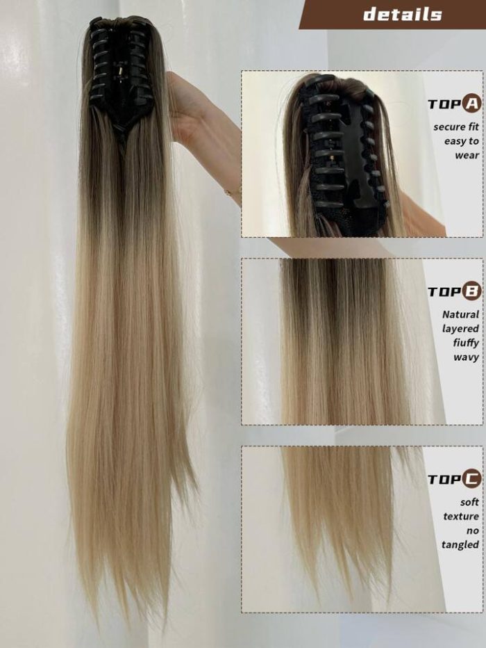Claw Ponytail Extension Brown and gold color Long Straight Hair 26inch Heat Resistant Fiber Synthetic Hairpiece - Image 4
