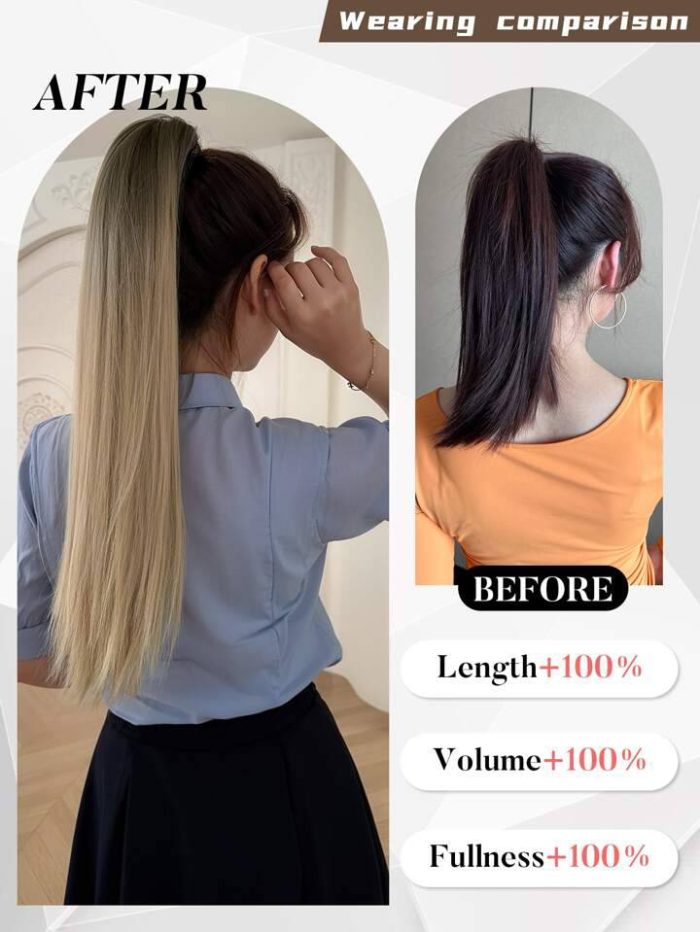 Claw Ponytail Extension Brown and gold color Long Straight Hair 26inch Heat Resistant Fiber Synthetic Hairpiece - Image 2