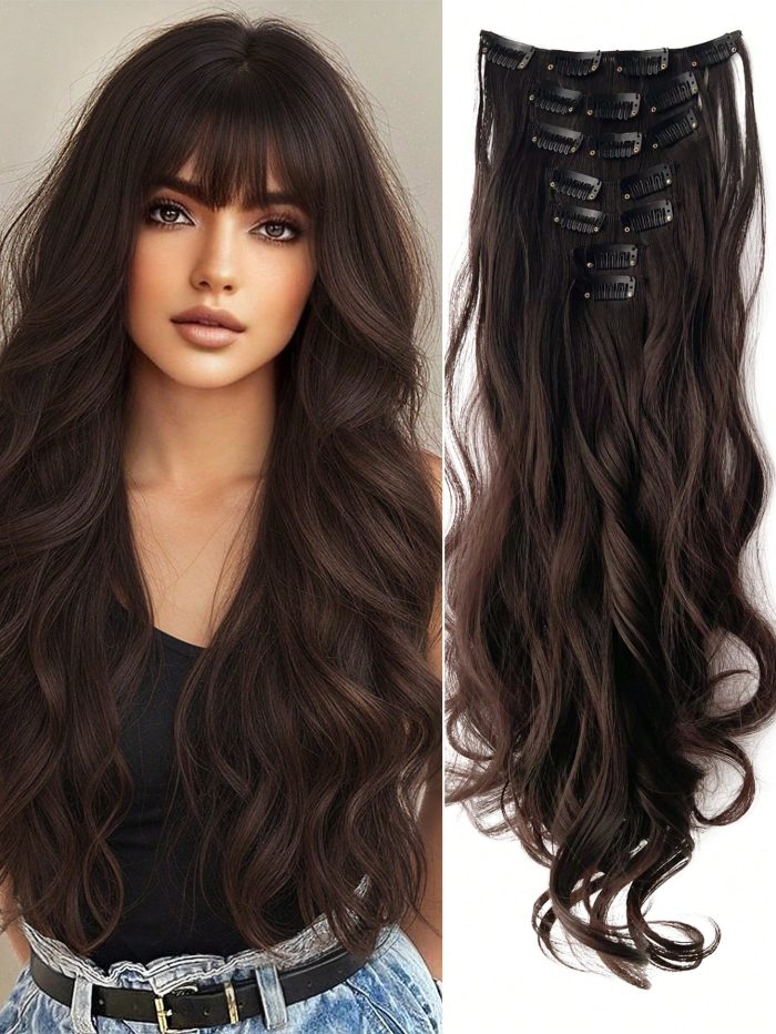 Clip in Synthetic Hair Extensions Long Wavy Brown, Hair Extensions Clip in Hair Extensions 20- 22 Inch