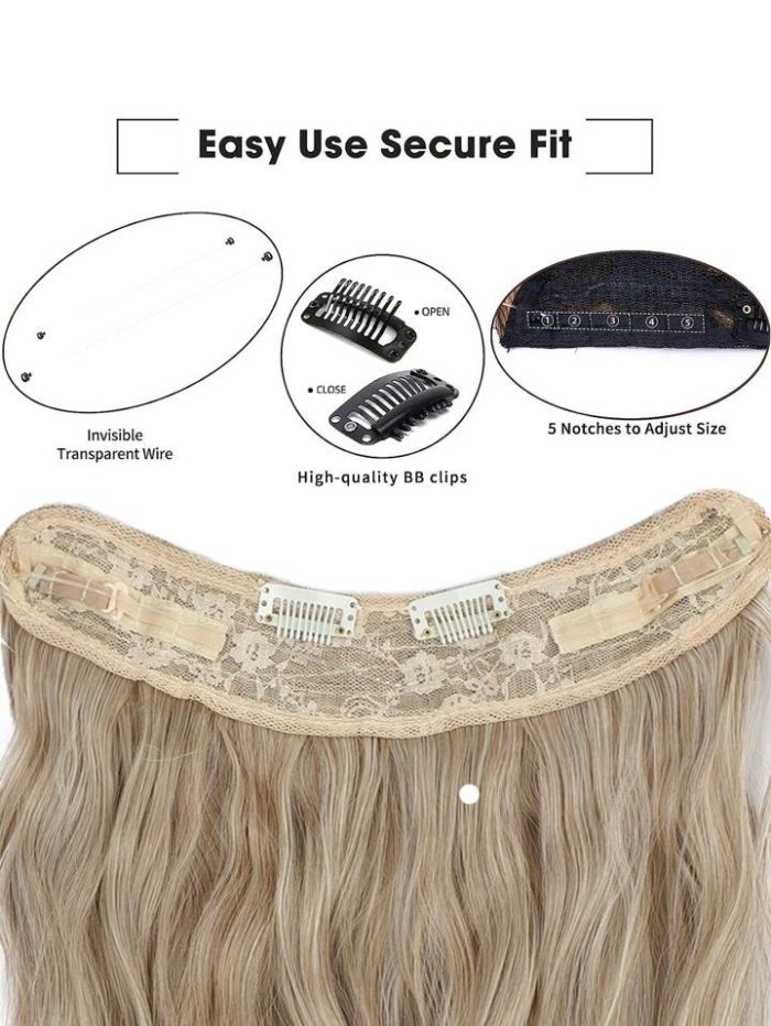 Invisible Wire Hair Extensions 20 Inch Secret Synthetic Hairpieces with Transparent Wire Adjustable Size 2 Secure Clips Light Long Wavy Curly Hair Extensions for Women(blonde) Gold - Image 2
