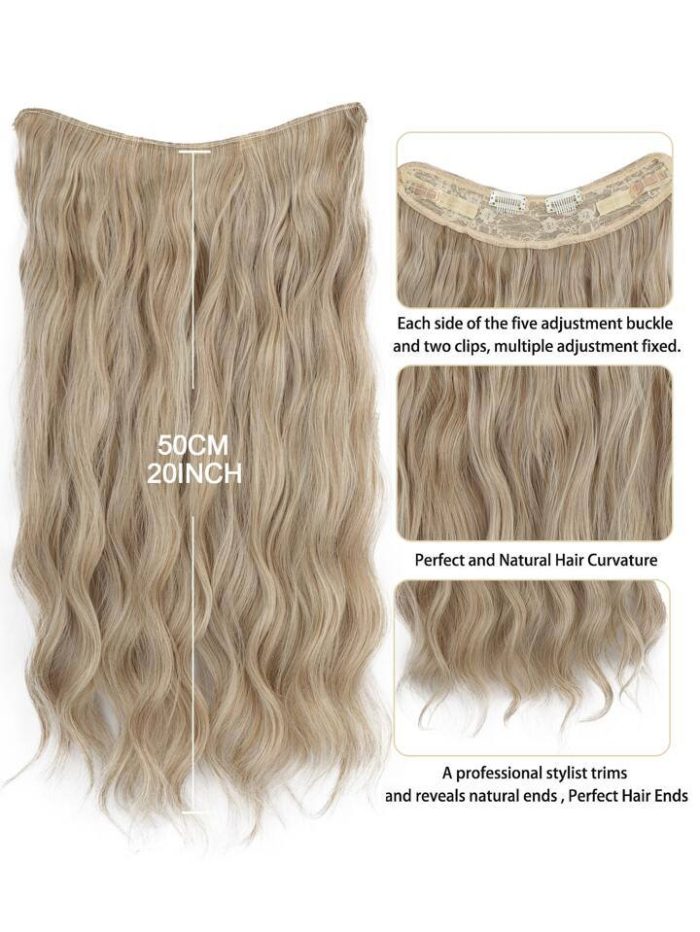 Invisible Wire Hair Extensions 20 Inch Secret Synthetic Hairpieces with Transparent Wire Adjustable Size 2 Secure Clips Light Long Wavy Curly Hair Extensions for Women(blonde) Gold - Image 3