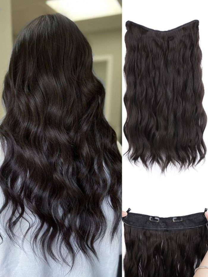 Invisible Wire Hair Extensions 20 Inch Secret Synthetic Hairpieces with Transparent Wire Adjustable Size 2 Secure Clips Light Long Wavy Curly Hair Extensions for Women(black)